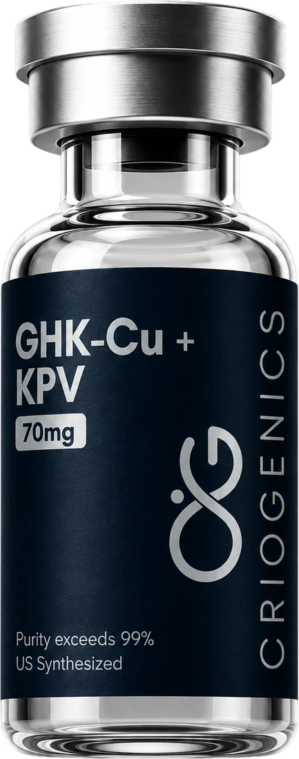 Vial de GHK-Cu + KPV 70 mg sobre fondo arena